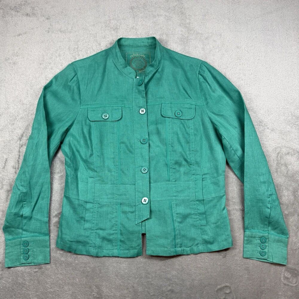 Coldwater Creek Jacket Womens 12 Green Linen Button Front Celebrate Your Spirit - Picture 2 of 9